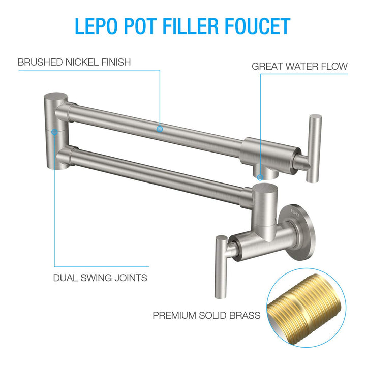 Pot Filler Faucet, Wall Mount Solid Brass Brushed Nickel Double Joint Swing Arm Folding Kitchen Faucets with Single Hole, 2 Handles