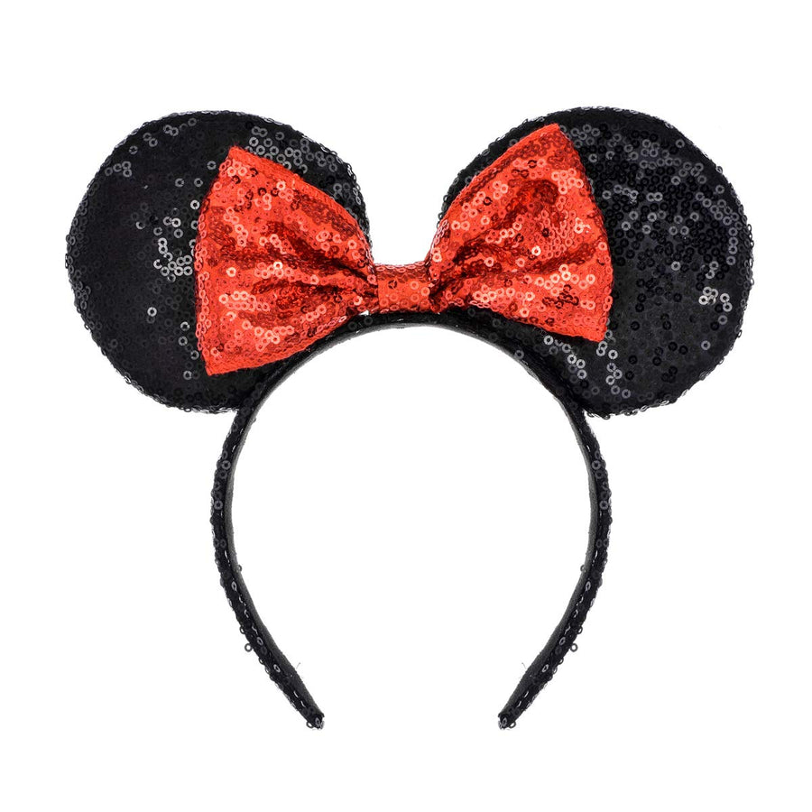 Sequin Black Mouse Ears Headband MM Glitter Hair Clasp Adults Women Butterfly Hair Hoop Birthday Party Holiday Park Photo Supply (Black and Red)