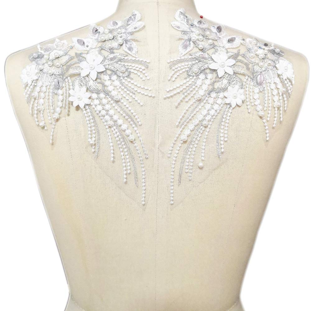 Lace Embroidered Pearl Rhinestone Patches Applique for DIY Fabric Trim Neckline Wedding Bridal Prom Dress Back Decoration (White, V-Neck)