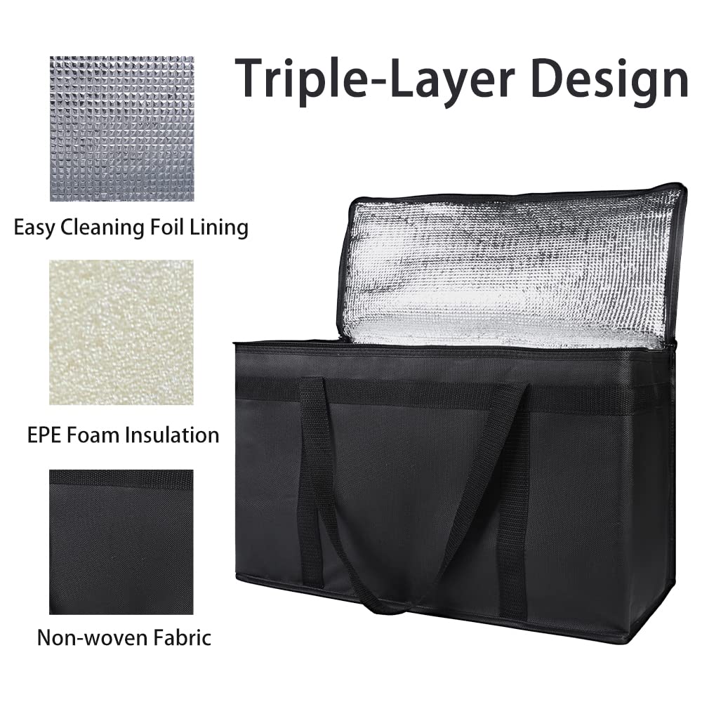 2-Pack Insulated Food Delivery Bag, XX-Large Reusable Grocery Shopping Bag, Frozen Food Cold, Cooler Bags with Zippered Top, Black