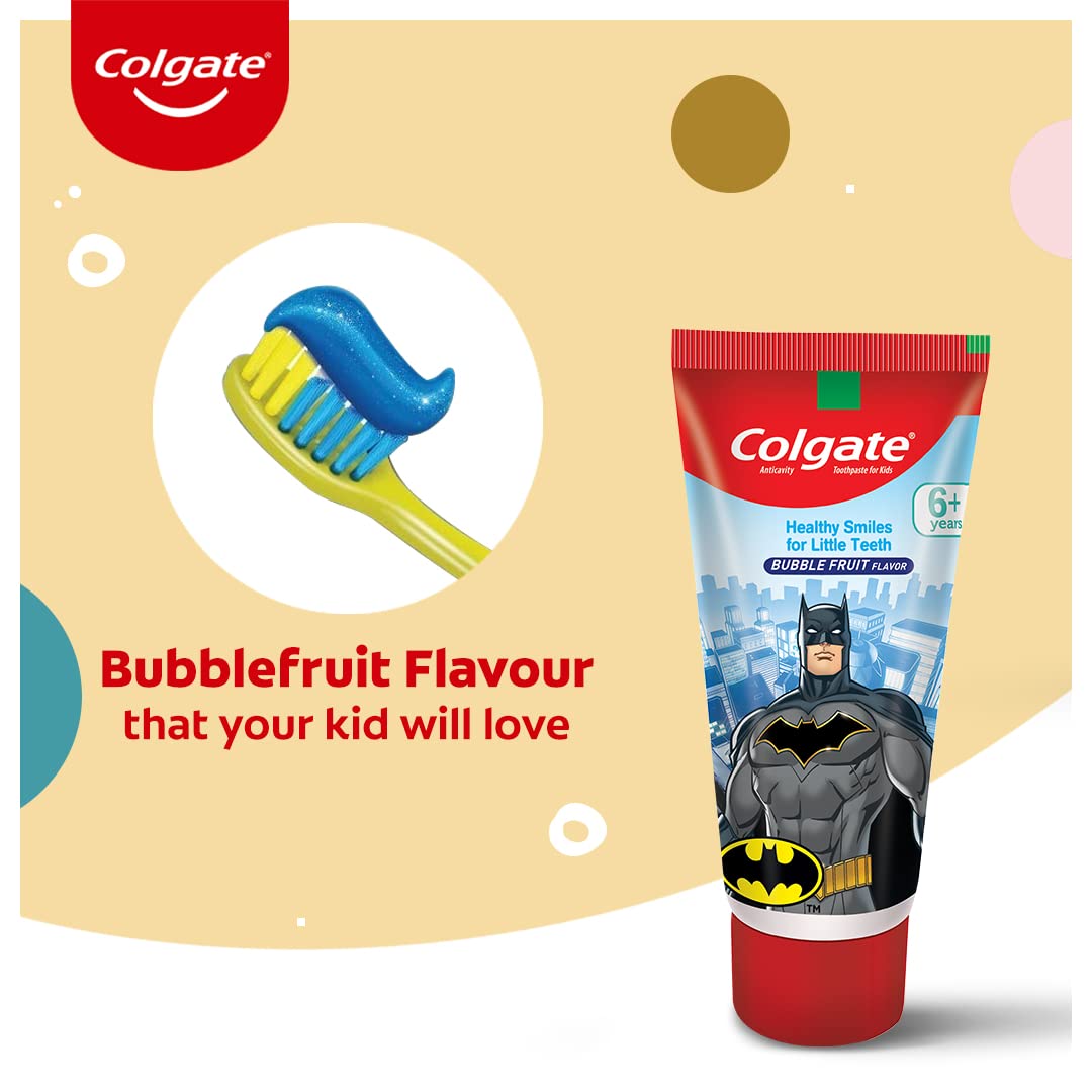 Kids Toothpaste For 6+ Years, Batman, Bubble Fruit Flavour, Gentle Protection, Enamel Protection Tooth Paste With 50% Lesser Abrasive Formula For Protecting Against Cavities, 80 Gram