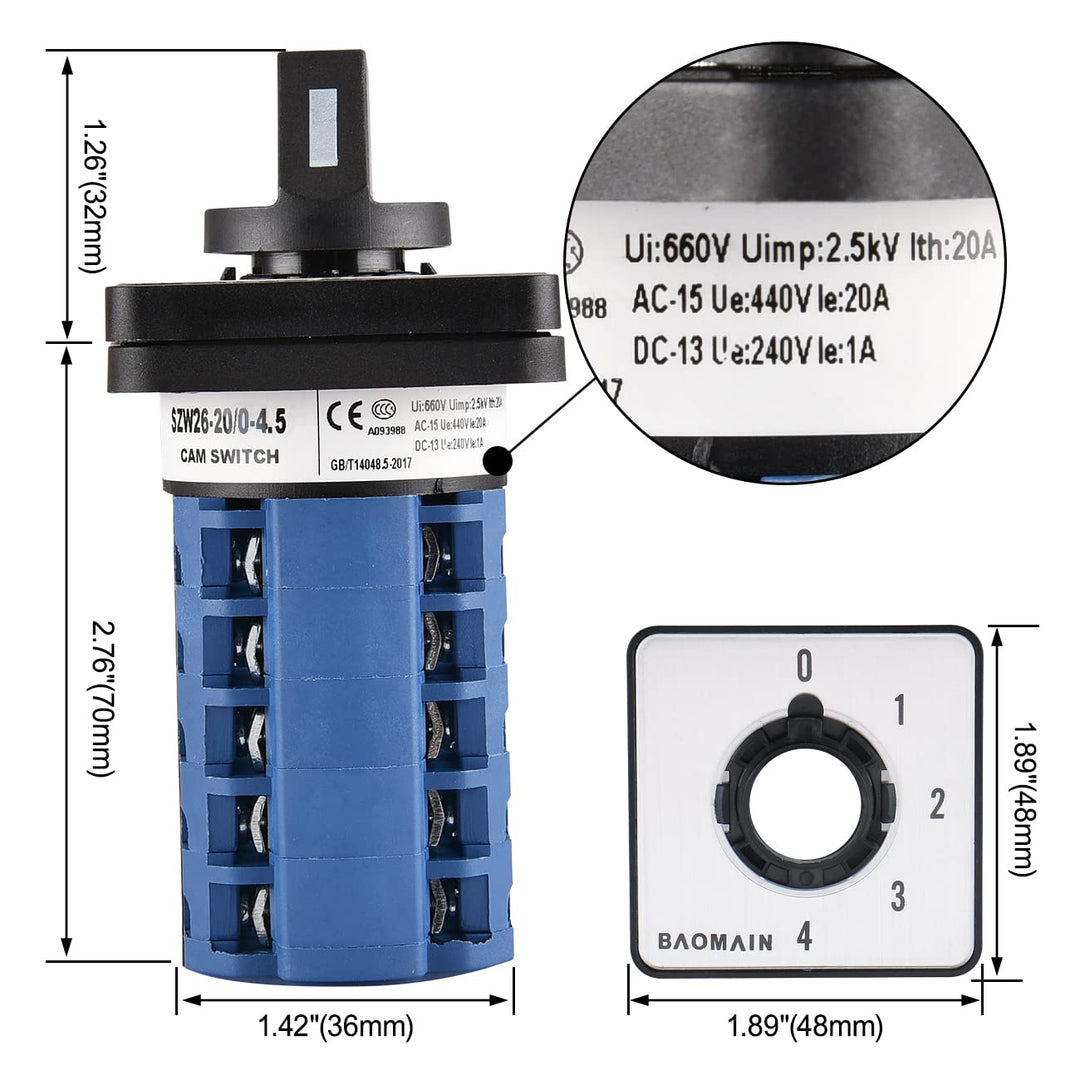 Mounting Rotary Select Cam Changeover Switch SZW26-20/0-4.5 5 Position 20 Poles AC 660V 20A 50Hz