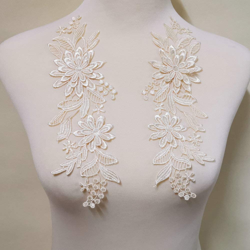 1 Pairs of Three-Dimensional Flowers Embroidered Water-Soluble Lace on Flower DIY Wedding Dress Headwear Accessories (Champagne Color)