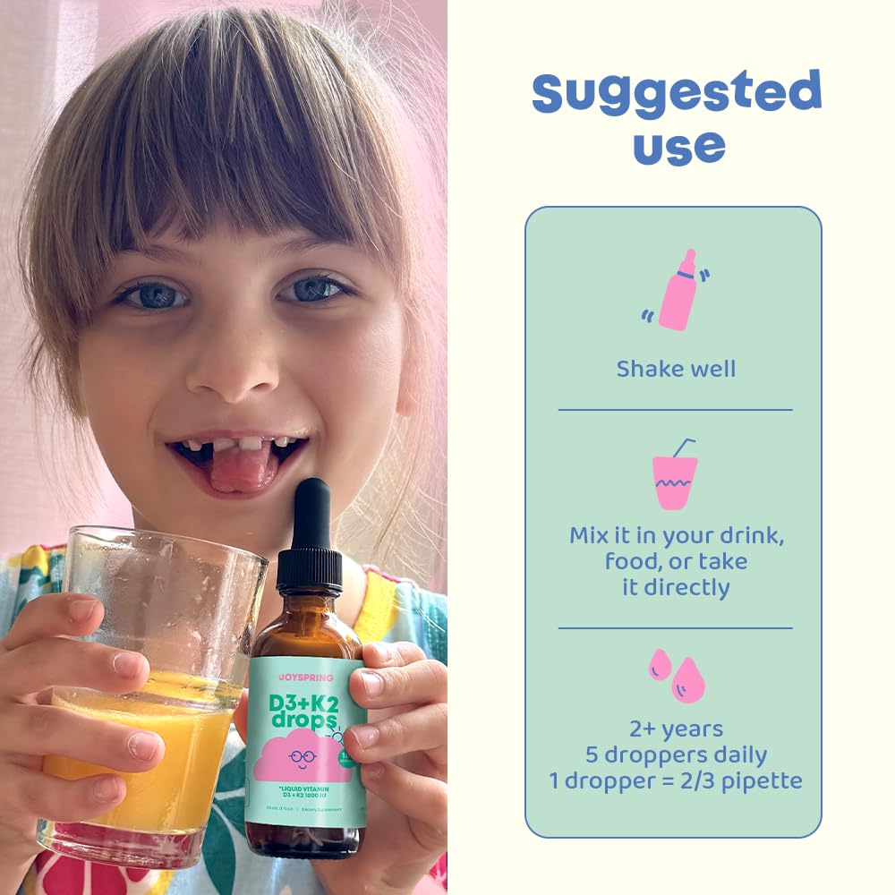 Vitamin D3 Kids Drops with K2 – Liquid Supplement for Calcium Absorption &amp; Joint Health – 180 Servings (1 fl oz) – Vitamin D Kids Ages 3-18