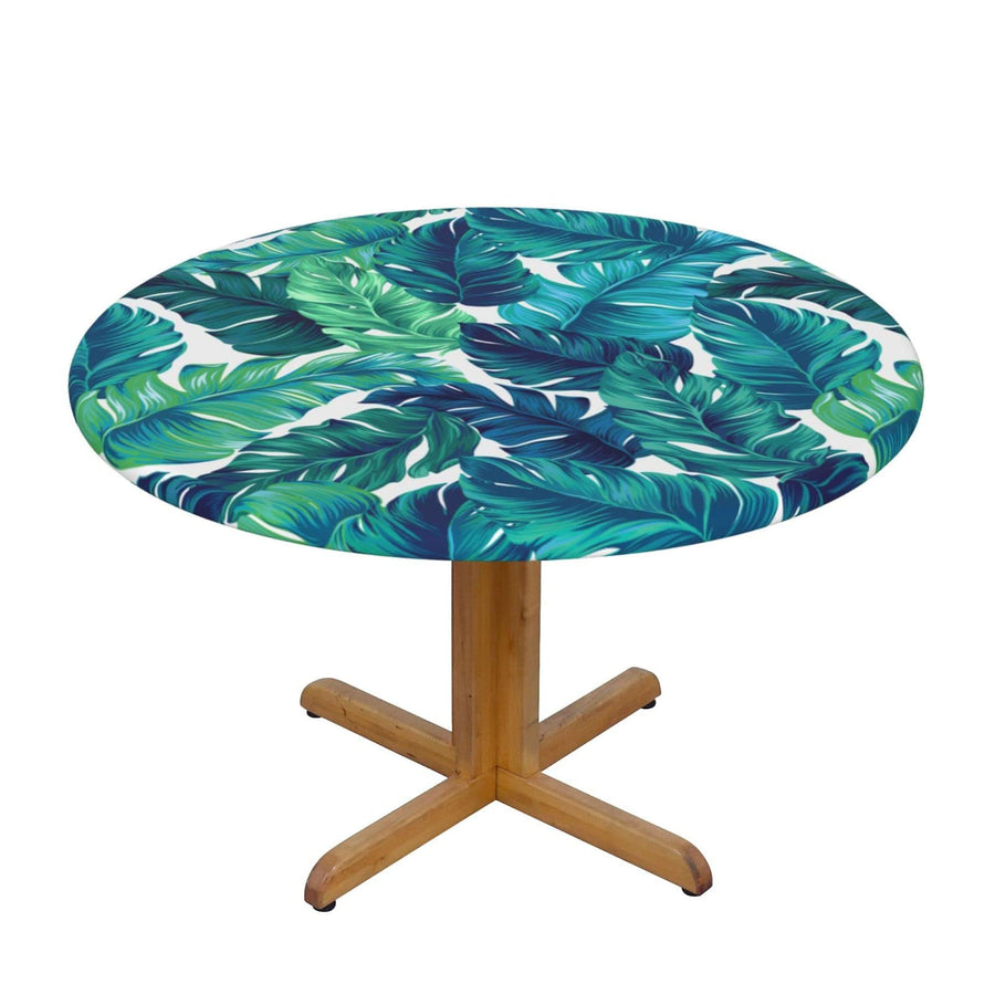 Tropical Palm Leaves Round Tablecloth Elastic Fitted Table Cover Washable Elastic Edge Tablecloths for Kitchen Dining Party Fitted Table 45-50 inch