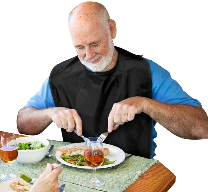 Adult Bib - Waterproof, Crumb Catcher, Clothing Protector, Extra Long, Black
