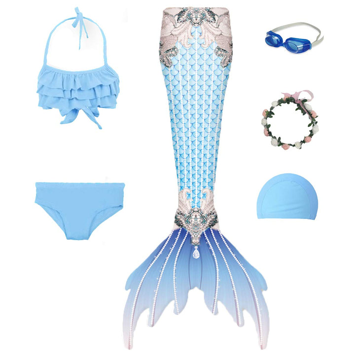 6PCS Set Swimsuit Girls Mermaid Tails for Swimming Bathing Suit Swimwear Swimsuit Bikini Set Mermaid Costume (11-12 Years, E315)