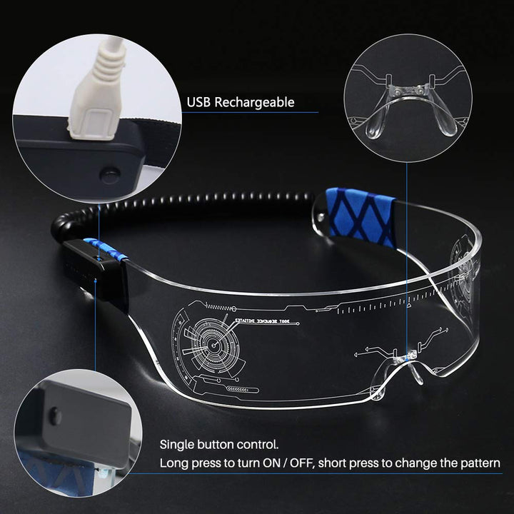 LED Light Up Glasses for adult with 7 Colors and 4 Modes Rechargeable Futuristic style Glasses
