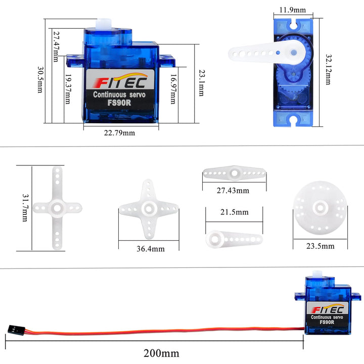 Feetech FS90R Micro Continuous Rotation Servo Analog Motor 360 Degree + RC Tire Wheel for Arduino Microbit Smart Car Robot (Pack of 2)