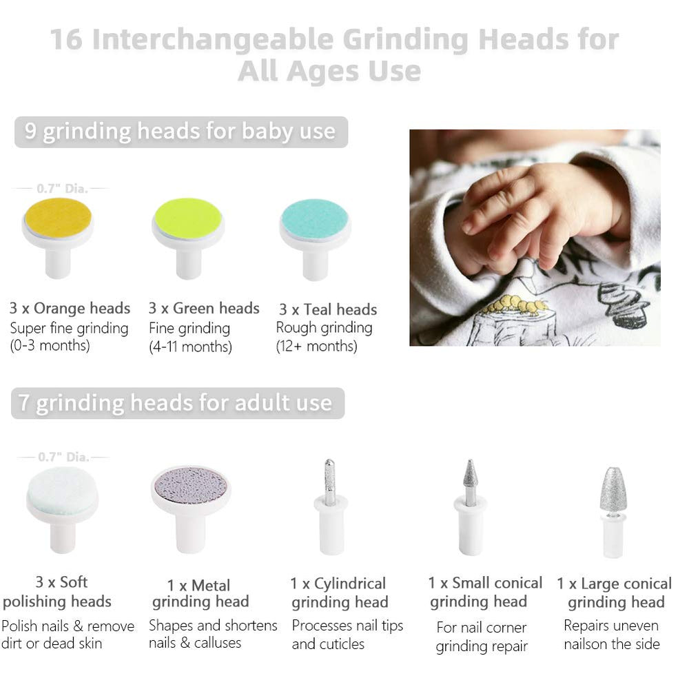 Baby Nail File Electric, 16 in 1 Safe Baby Nail Trimmer Manicure Kit Baby Fingernail Clippers with Light, Baby Nail Grinder Toes Care Trim Polish Grooming Set for Infant Toddler with Nail Clipper