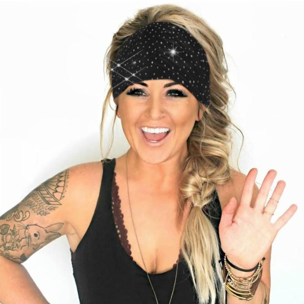 Crystal Wide Headbands Rhinestone Head Bands Black Turban Headband Elastic African Head Wraps Sport Hair Bands for Women and Girls Pack of 3 (set 2)