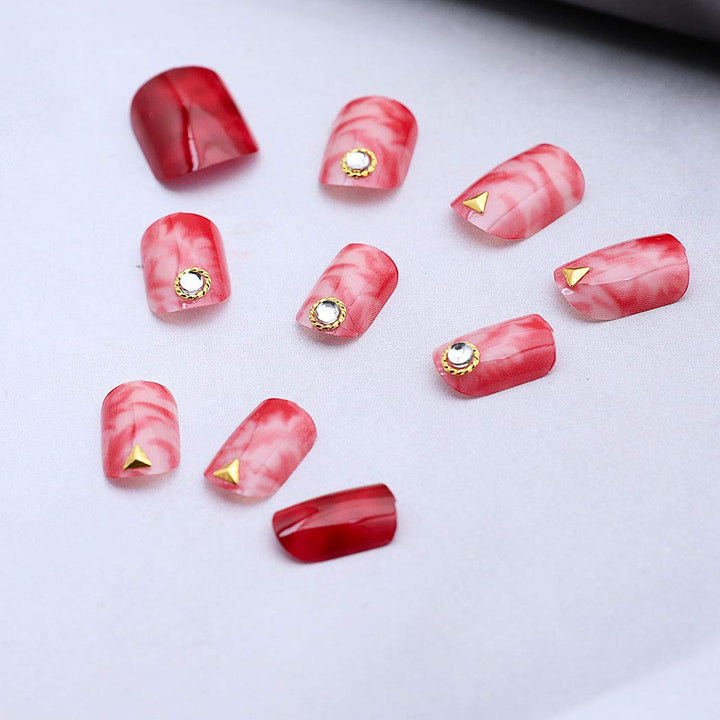 False Nails Bling Rhinestone Pink Marble Full Cover Acrylic Fake Nails Fashion Party Clip on Nails for Women and Girls