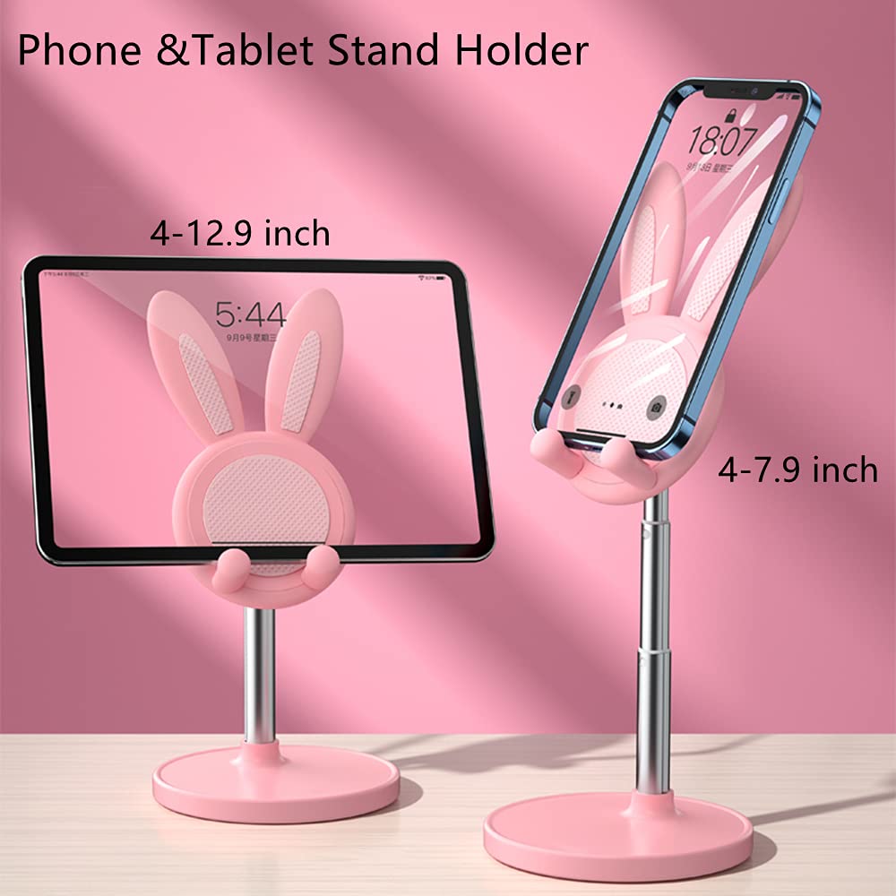 Portable Cell Phone Stand for Desk Cute Bunny Height Angle Adjustable Tablet Phone Desktop Stand Holder Riser Compatible with iPhone, iPad, Tablets, Kindle, Switch, Smartphones (Pink)