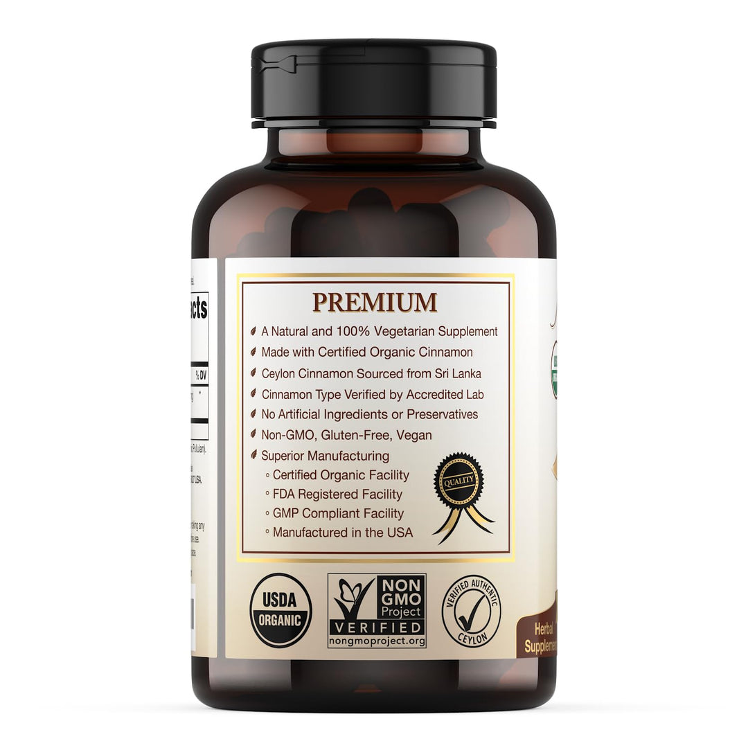 USDA Certified Organic Ceylon Cinnamon Capsules, Non-GMO Verified Supplement - 120 Capsules, 2 Month Supply