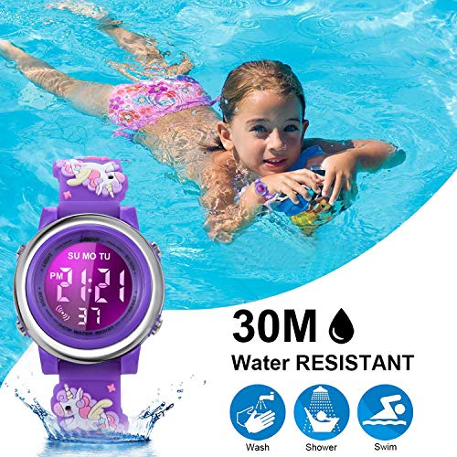Girls Digital Watch Age 3-12 for Gifts, 3D Cartoon Waterproof Sports Outdoor LED Electrical Watches with Luminous Alarm Stopwatch Toddler Wristwatch for 3-12 Year Old Little Child Purple Unicorn