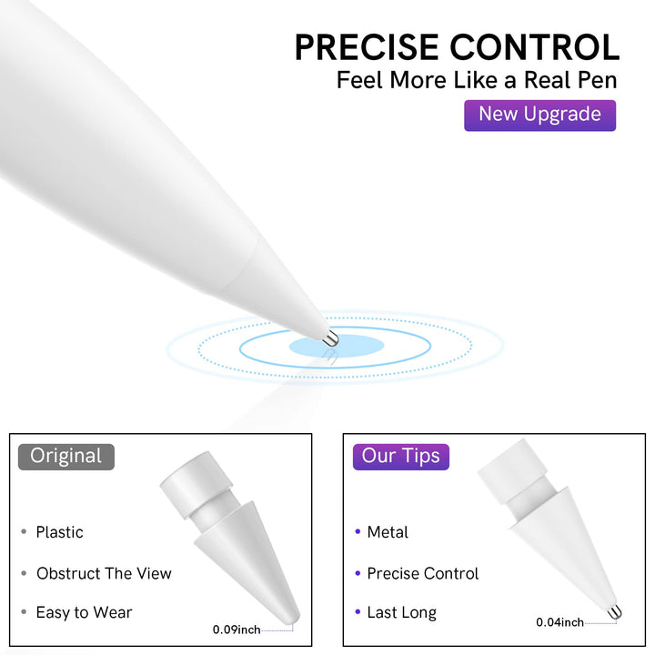 Pencil Tips for Apple Pencil 2nd 1st Gen, Apple Pencil Pro &amp; USB-C, Upgraded Metal Wear-Resistant Pen Like Tips, Fine Point Precise Control Tips for Apple Pencil