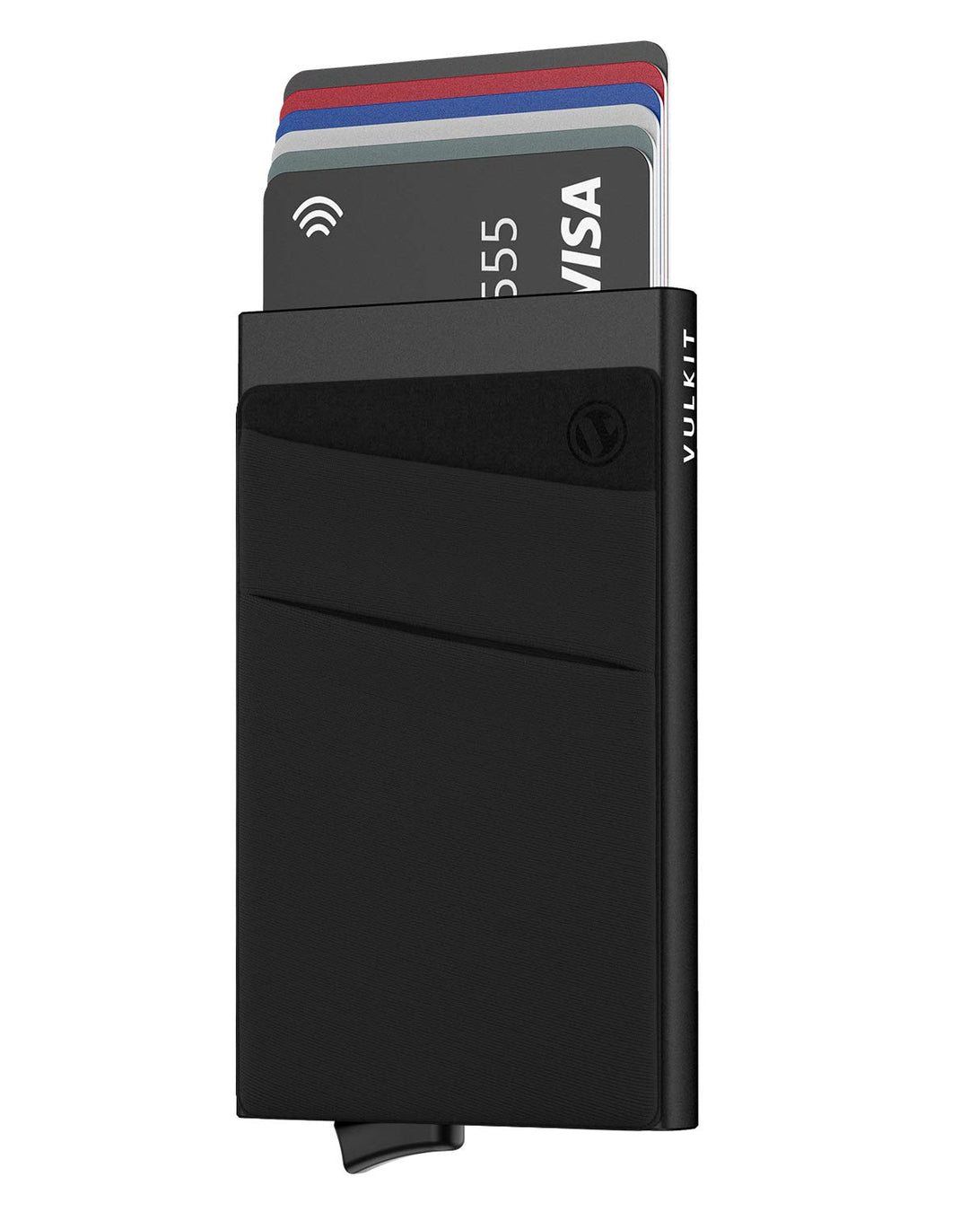 Card Holder with Money Pocket Pop Up Wallet RFID Blocking Slim Metal Bank Card Case Holds 5 Cards and Notes(Black)