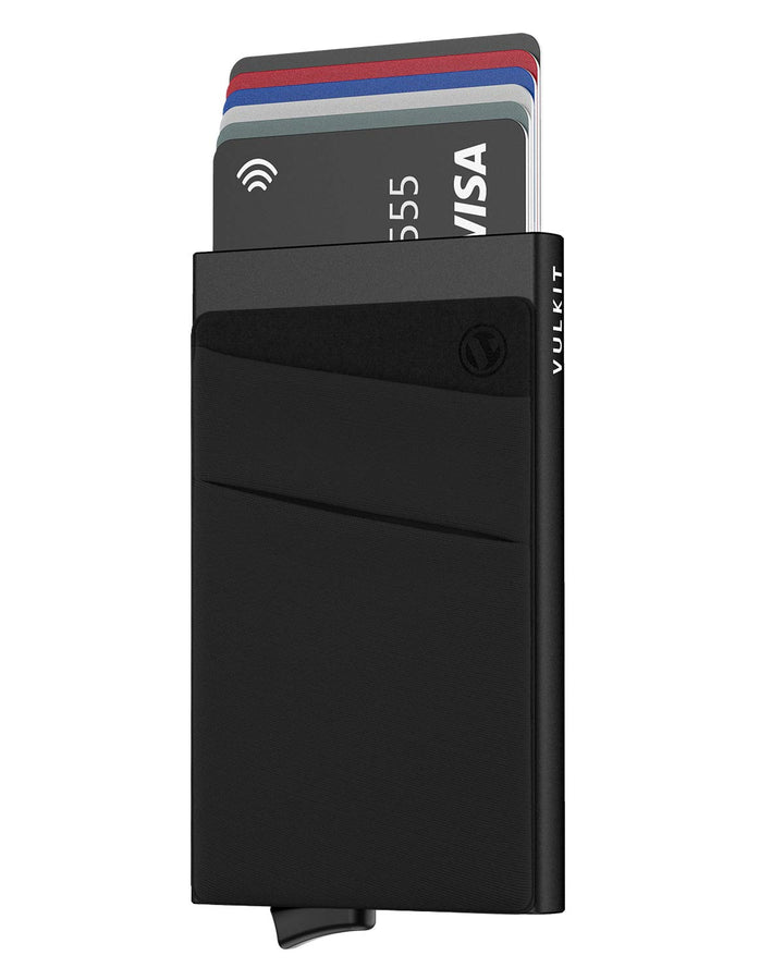 Card Holder with Money Pocket Pop Up Wallet RFID Blocking Slim Metal Bank Card Case Holds 5 Cards and Notes(Black)