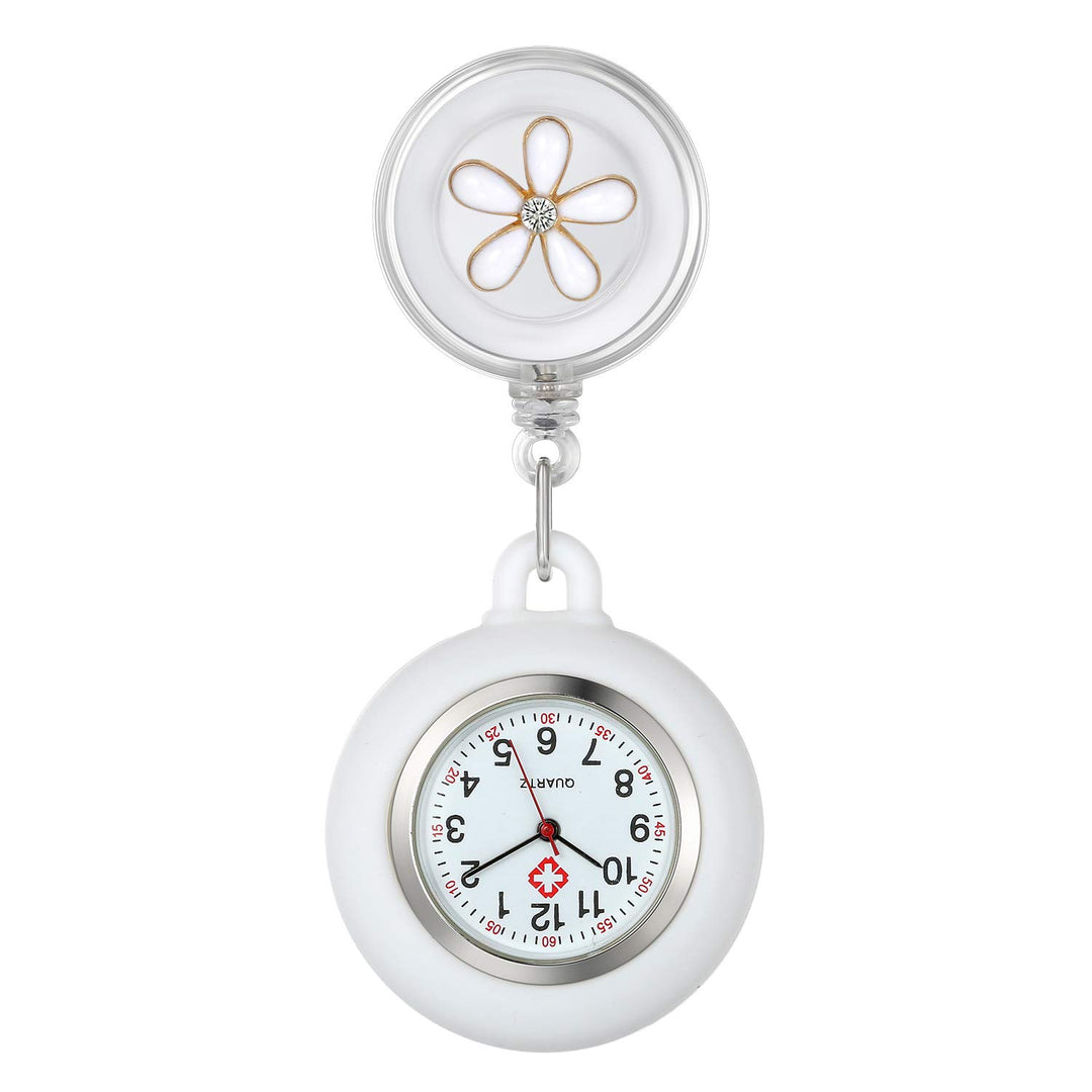 Retractable Nurse Watches Clip-on Hanging Fob Watches Cute Flower Pattern Lapel Watches for Nurses Doctors with Silicone Cover