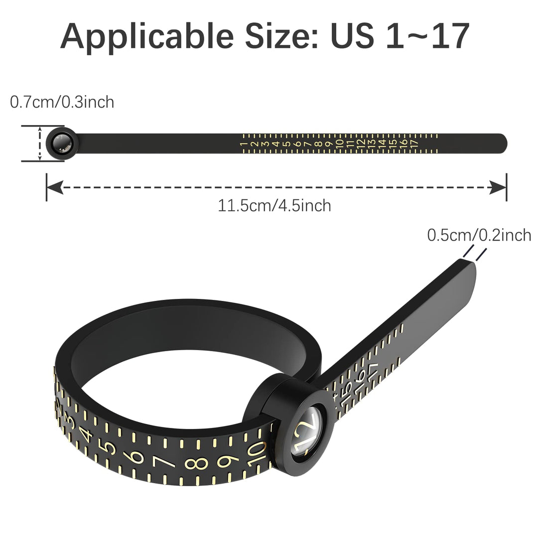 Ring Sizer 1-17 REIDEA Measuring Tool with Magnified Glass, Reusable Finger Size Gauge Jewelry Sizing Tool USA Rings Size (Black Sizer Gold Scale)