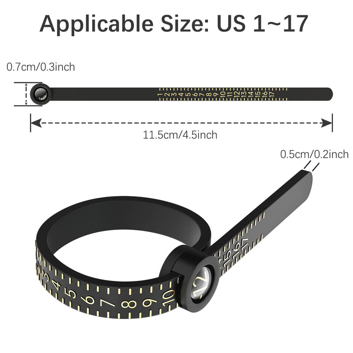 Ring Sizer 1-17 REIDEA Measuring Tool with Magnified Glass, Reusable Finger Size Gauge Jewelry Sizing Tool USA Rings Size (Black Sizer Gold Scale)