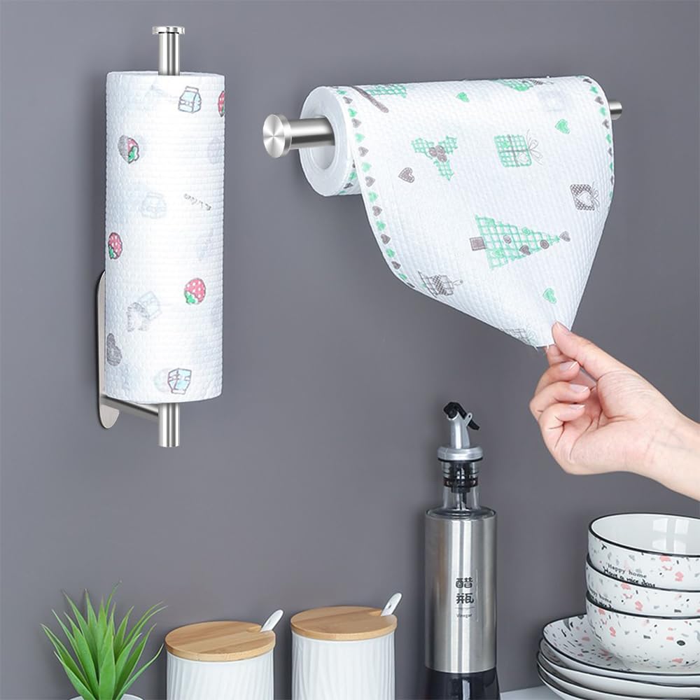 Paper Towel Holder Wall Mount, Self Adhesive Or Drilling Under Cabinet Kitchen, 13.2 inch Stainless Steel Paper Towel Roll Rack, Towel Roll Hanger for Bathroom(Silver, Rectangle)