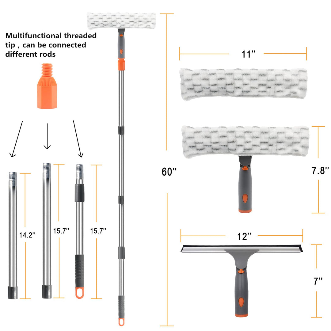 Squeegee for Window Cleaning, Long Handle Cleaner Tool with Extension Pole,11”Microfiber Cloth and 12”Wide Squeegee Cleaner Kit for Car,Shower Glass Door,High Windows