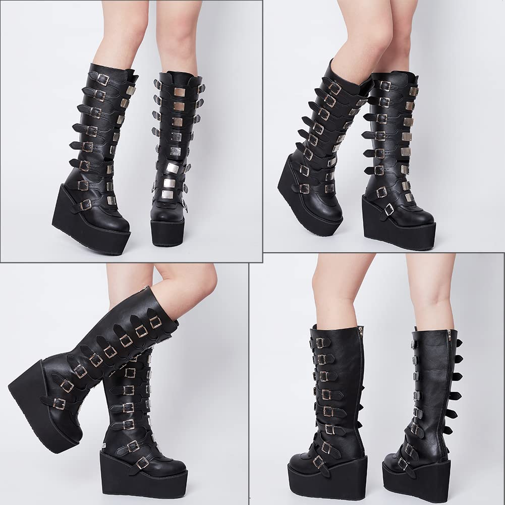 Womens Chunky Platform Knee High Boots High Heel Round-Toe Zip Punk Goth Mid Calf Combat Boots For Women