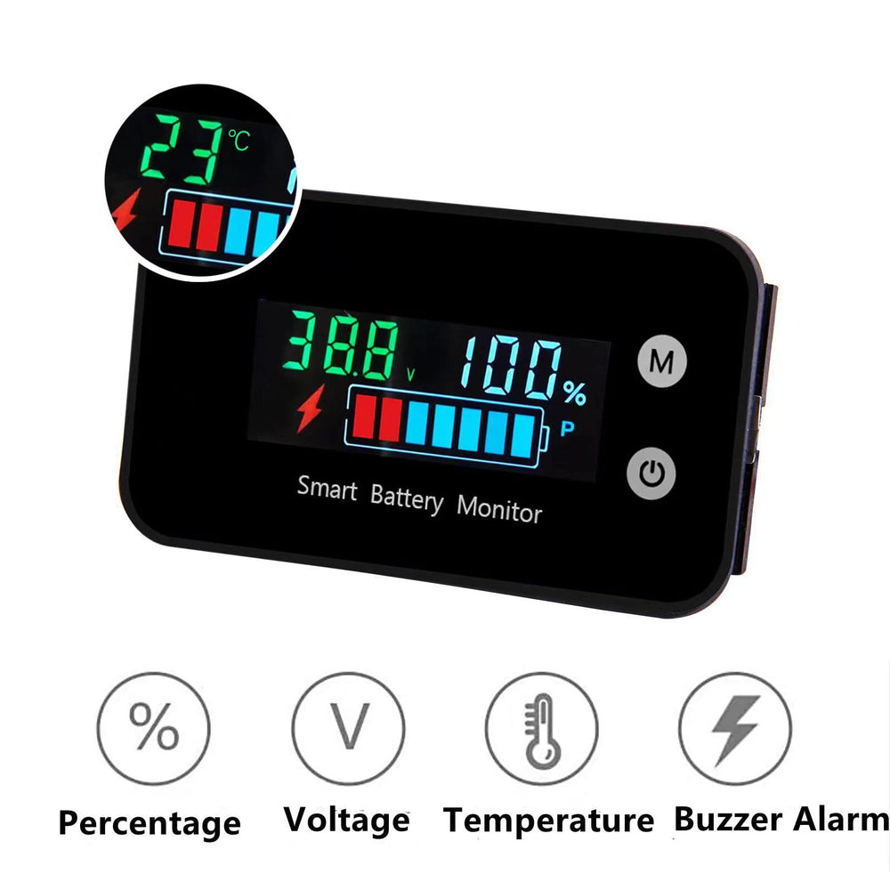 Battery Monitor12v 24v 36v 48v 60v 72v, Car,Golf cart Battery Tester Digital Display Battery Capacity 7-100V Voltage Monitor Capacity Percentage Tester with Buzzer Alarm and Temperature