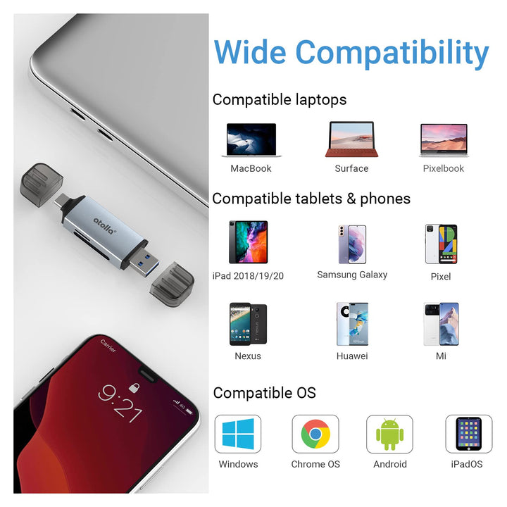 SD Card Reader, Memory SD Card Reader USB C+USB 3.0, Supports SD/MMC/SDHC/MicroSD/SDXC, Compatible for MacBook Air/Pro, iPad Pro 2020, Samsung Galaxy S21, Dell XPS and More
