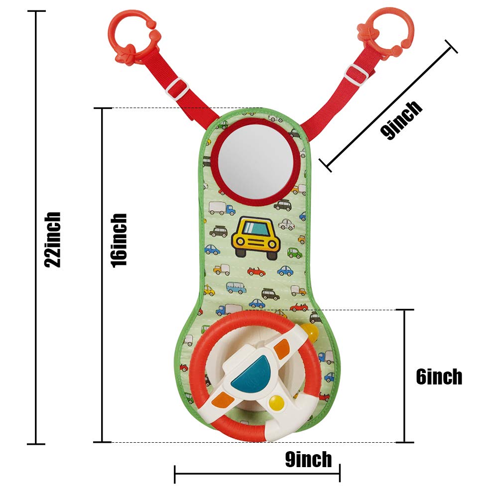 Car Seat Play Center Toy - Infant Toy Steering Wheel for Toddler Stroller Toy Baby Travel Companion Toy for Rear Car Seat Easier Drive Vehicle with Music, Light, Mirror