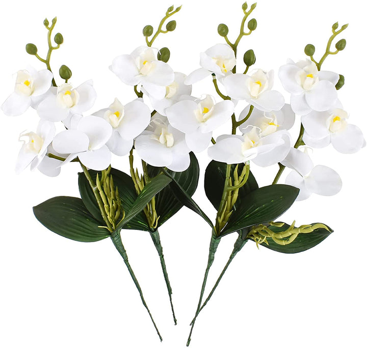 Artificial Phalaenopsis Flowers 4 Pcs, 15” Fake Silk Orchids with Stem Leaves for Valentine&#39;s Day Home Office Wedding Party Décor (White)