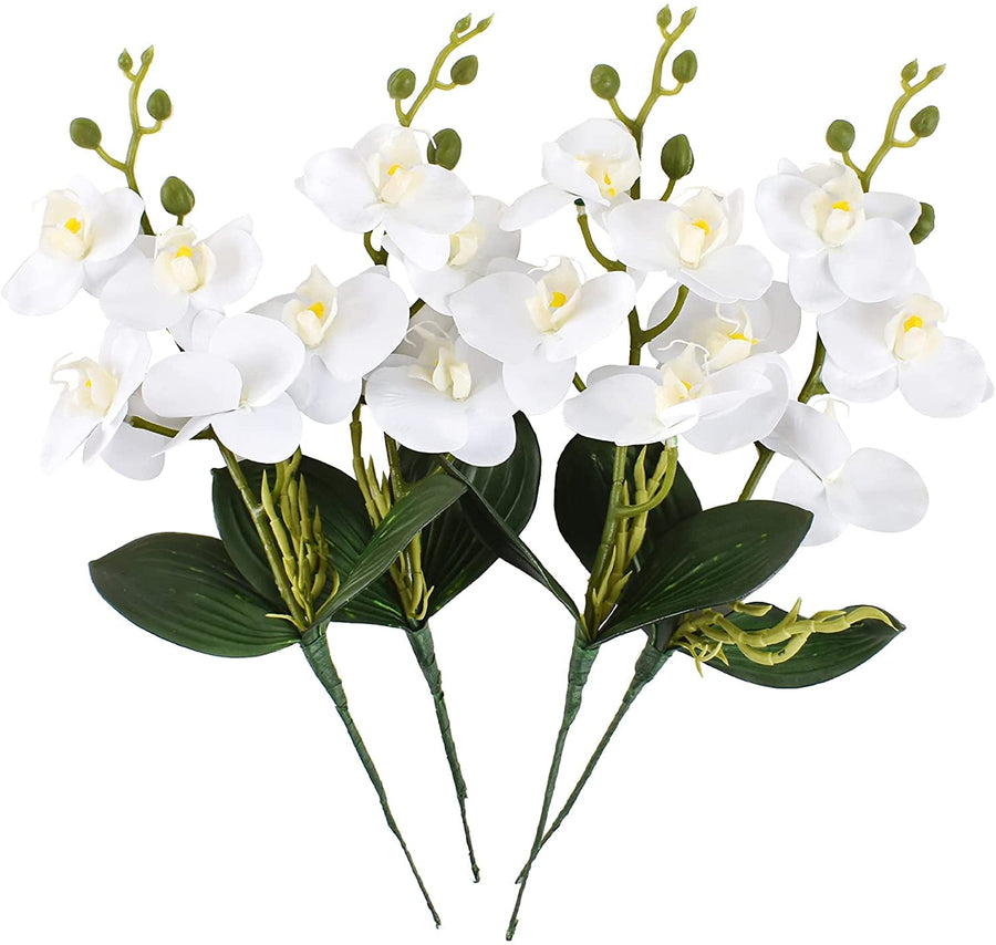 Artificial Phalaenopsis Flowers 4 Pcs, 15” Fake Silk Orchids with Stem Leaves for Valentine's Day Home Office Wedding Party Décor (White)