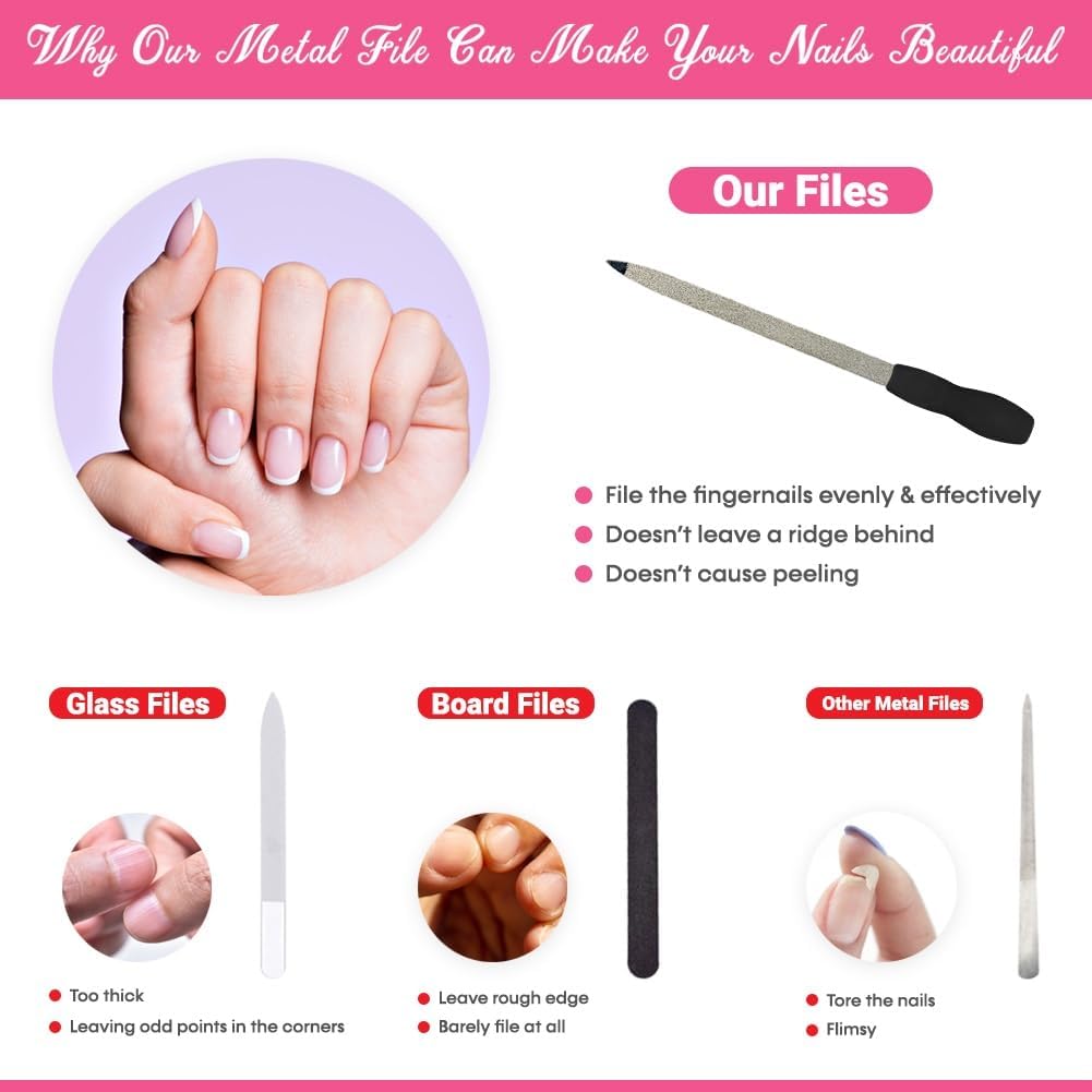Diamond Nail File 2 Pack, 7 inch Double Sided File Buffer for Gentle Precise Nail Shaping, Washable Stainless Steel Permanent Surface for Home or Travel Pedicure Manicure Kit