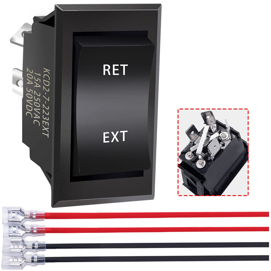 4 Pin DPDT Momentary RV Jack Switch DC12V Reverse Polarity Rocker Switch 20A (ON)-Off-(ON) Motor Control Switch with Pre-Wires for 5th Wheel Tongue Trailer KCD2-7-223-4PIN-X