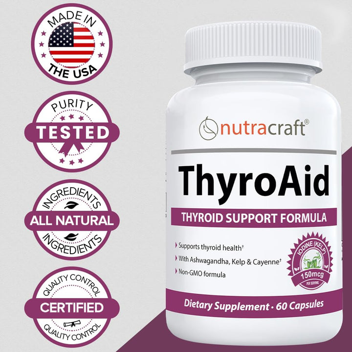 ThyroAid #1 Thyroid Support Supplement | Natural Herbal Thyroid Formula with Iodine (Kelp), Ashwagandha, L-Tyrosine &amp; More | Support Thyroid Health &amp; Energy Levels | 60 Capsules
