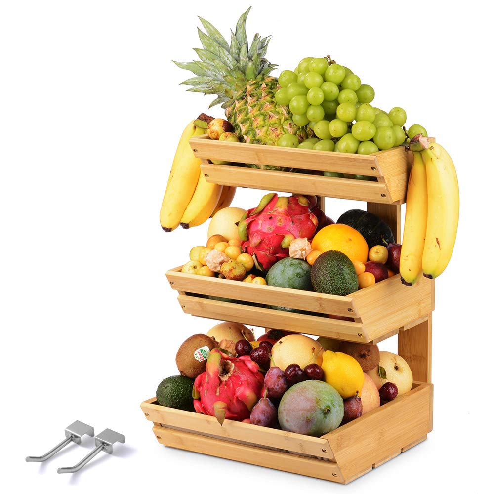 Bamboo Fruit Basket for Kitchen Counter, 3 Tier Fruit Basket Fruit Stand Holder for Fruit and Vegetable Storage, Fruit Bowl with Banana Hanger for Countertop (Easily Assembled)