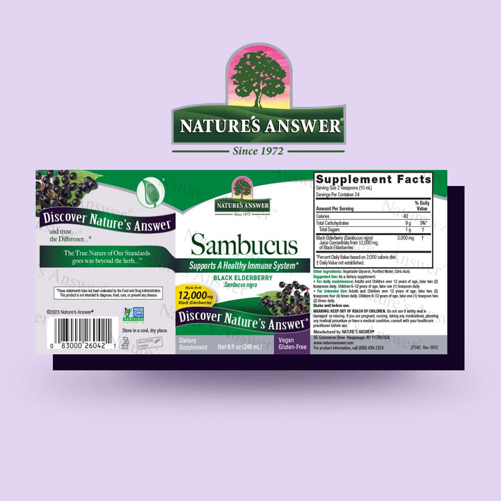 Nature&#39;s Answer Alcohol-Free Sambucus Dietary Supplement 8oz Liquid | Immune Support | Antioxidant Boost | Gluten-Free, Vegan, Non-GMO | Single Count