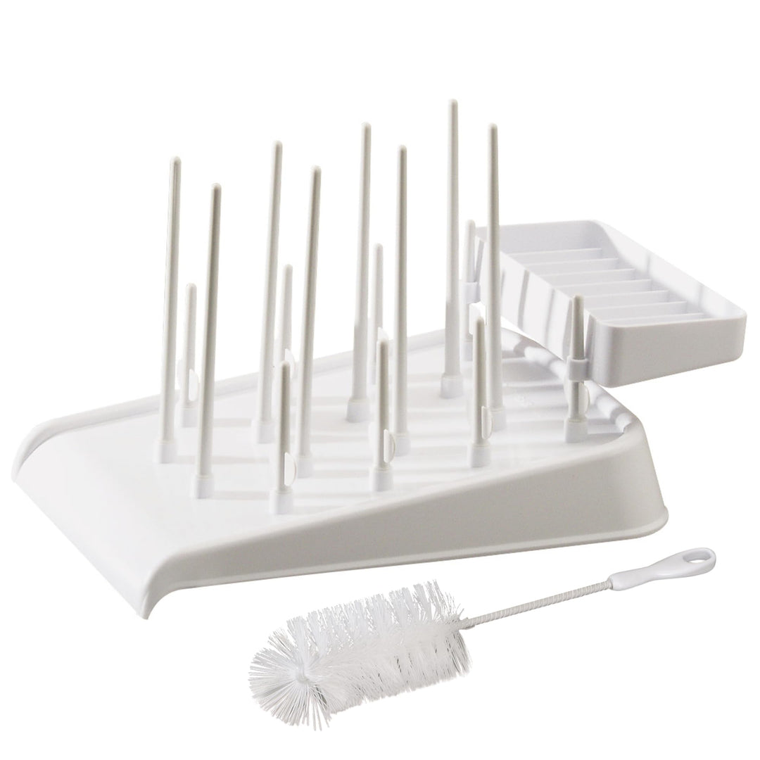 Mommy&#39;s Helper Drain N&#39; Dry Bottle Drying Rack — Baby Bottle and Pump Part Drying Rack with Acessory Slot &amp; Bottle Brush, 8 Bottle Capacity, White