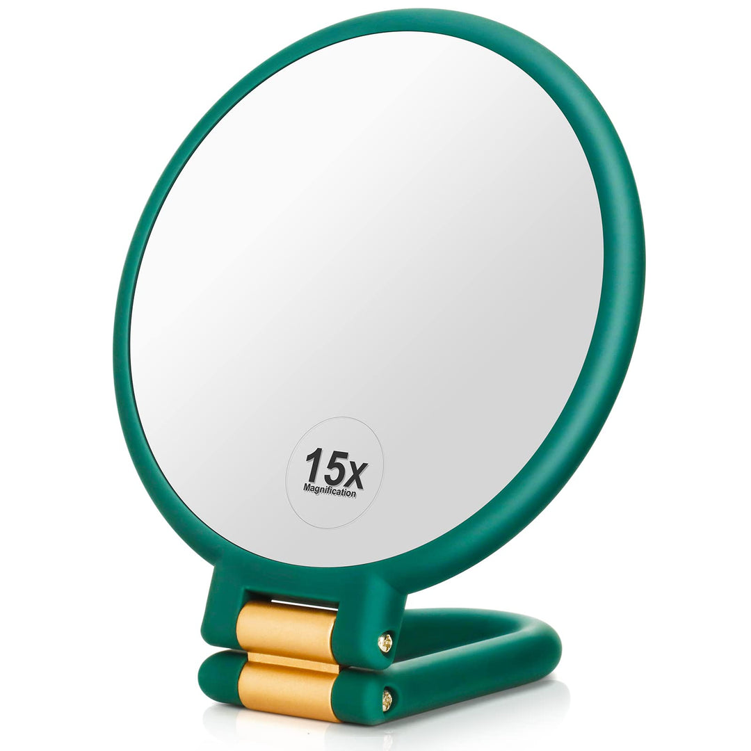 Handheld Mirror, 1x 15x Magnifying Makeup Mirror with Handle Double Side Hand Held Mirror with 1x15x Magnification &amp; Foldable Handle, Portable Travel Makeup Hand Mirror for Women (Army Green)