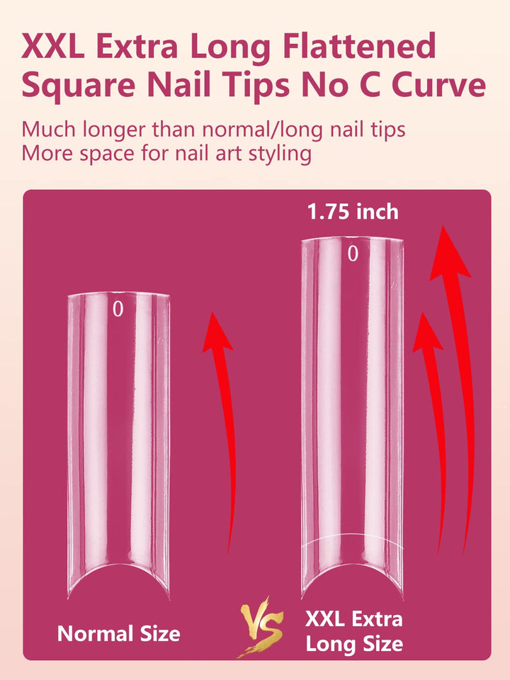 500Pcs No C Curve Clear Nail Tips for Acrylic Nails Professional, Tapered Square Nail Tips, XXL Extra Long Straight Nail Tips, Half Cover French Fake Nails for Nail Salon and DIY Nail Art 10 Sizes