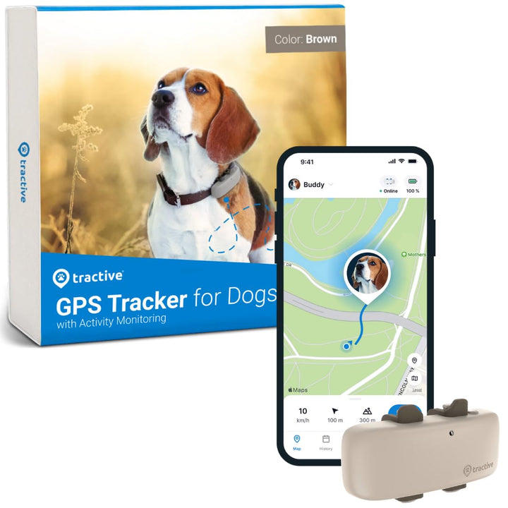 Tractive GPS Tracker &amp; Health Monitoring for Dogs - Market Leading Pet GPS Location Tracker, Wellness &amp; Escape Alerts, Waterproof, Works with Any Collar (Brown)