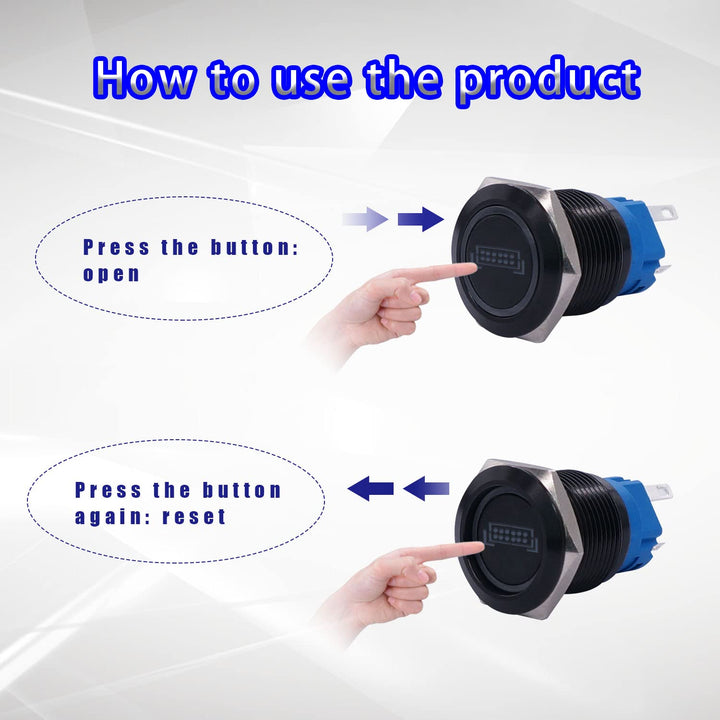 19MM LED Light BAR Switch 12V Waterproof Stainless Steel Latching Push Button Switch SPST ON/Off Blue LED,with Wire Socket Plug,for Car Boat Truck P-L-19-01-BK-BU