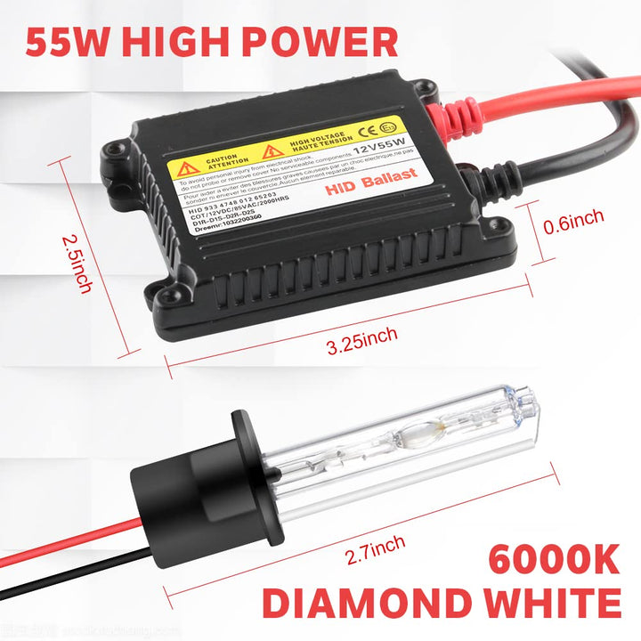 H1 HID Headlight Bulbs 6000K Xenon White with 55W DC Slim HID Ballast Super Bright Xenon HID Light Bulb for Auto High / Low Beam (2 Xenon Bulbs + 2 Ballasts)