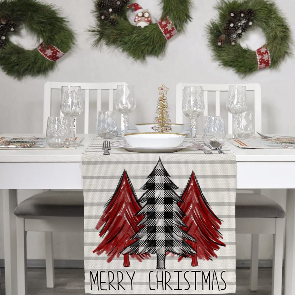 Merry Christmas Tree Table Runner 13x72 Inches, Stripe Winter Holiday Indoor Outdoor Table Decoration for Home