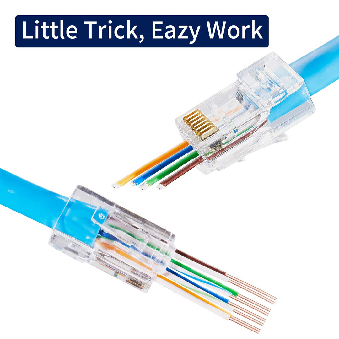 RJ45 Connectors CAT6 Pass Through Connectors Ends Gold Plated Ethernet Network Cable Plug for Large 23AWG Cat6 Cable - 50pcs