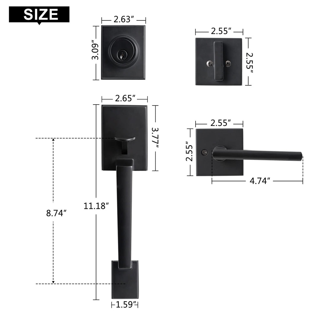 Front Door Lock Set Black Door Handle Front Door Handle Sets with Deadbolt Entry Door Locksets Single Cylinder HandleSet with Straight Handle Lower Half Grip Matte Black Front Door Handle