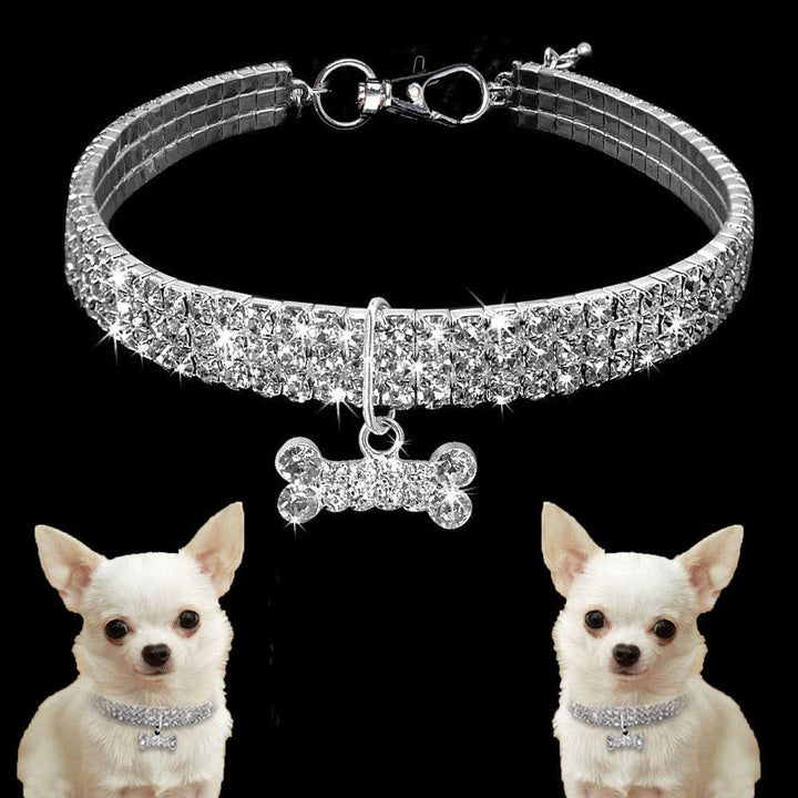 Amazing 3 Rows Rhinestones Necklace Pet Cat Dog Collar Bling Rhinestone Bone Jewelry Party Wedding Accessories,White,M:10-12 Neck