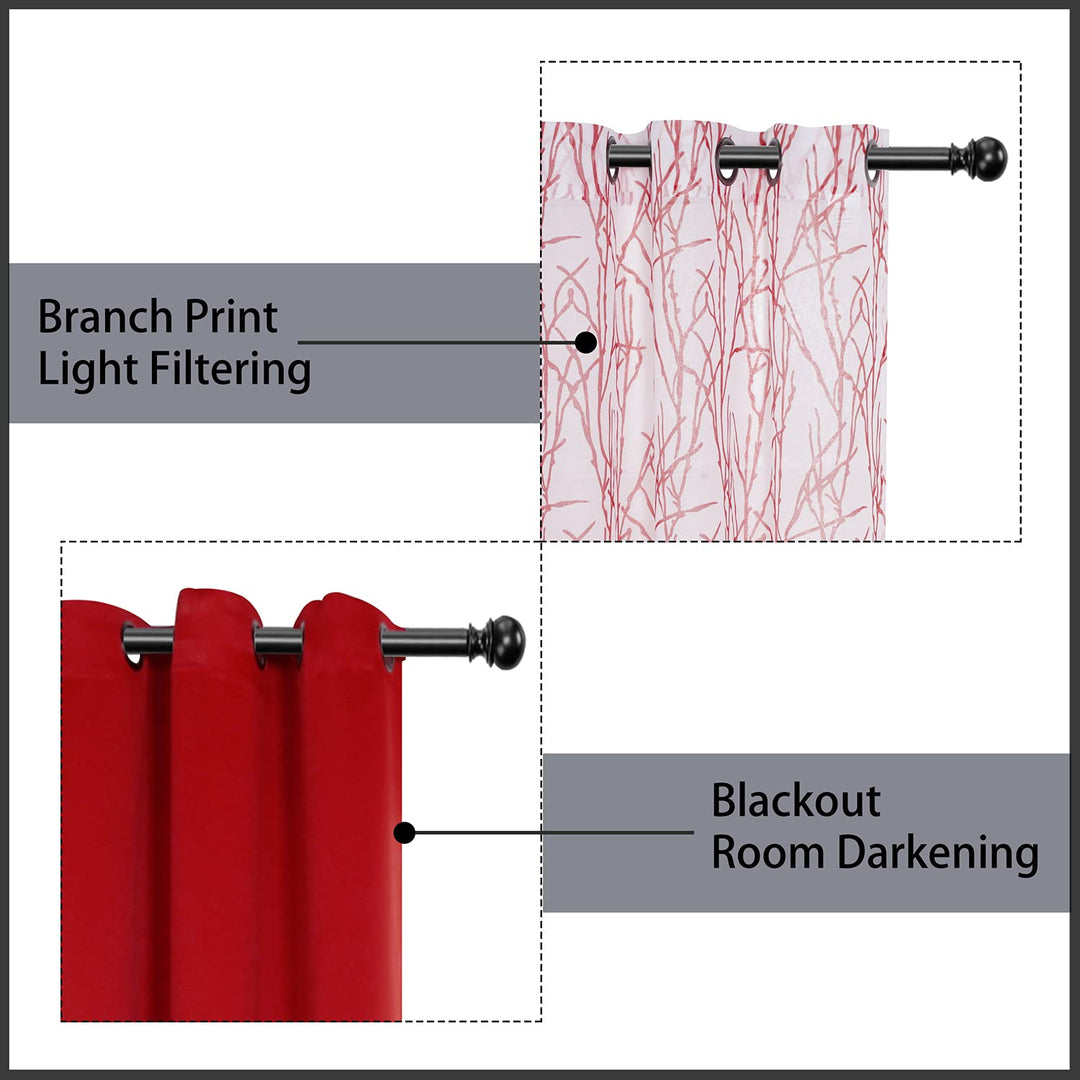 Mix and Match Curtains - 2 Pieces Branch Print Sheer Curtains and 2 Pieces Blackout Curtains for Bedroom Living Room Grommet Window Drapes, 37x63 Inch/Panel, Red, Set of 4 Panels