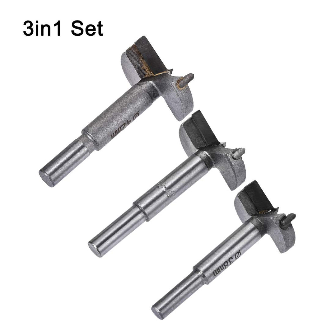 Forstner Wood Boring Drill Bits 38mm 40mm 42mm Dia. Hole Saw Carbide Alloy Steel Tip Round Shank Cutting for Hinge Plywood Wood Tool 3in1 Set